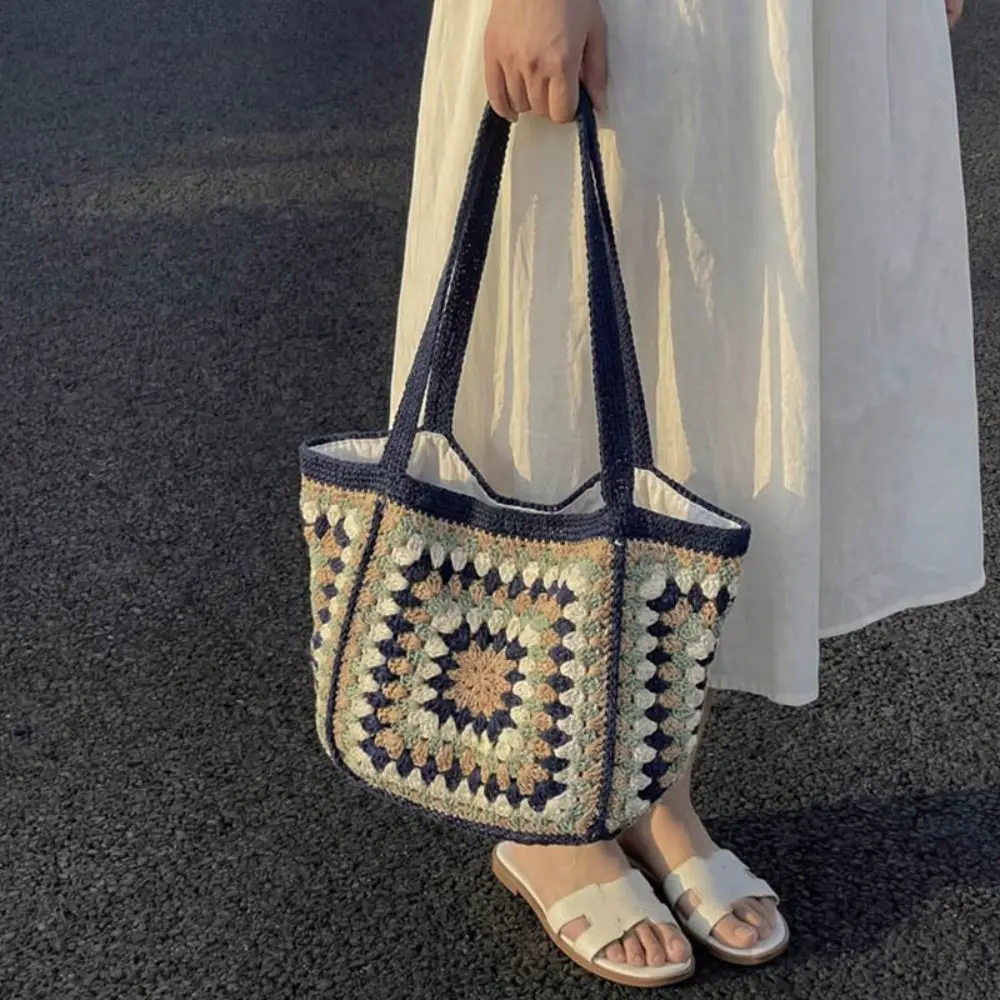 

Korean Style Hollow Out Knitted Weave Bag Ethnic Style Braided Crochet Tote Bag Vacation Style Handbag Beach Bag Ladies/Girls