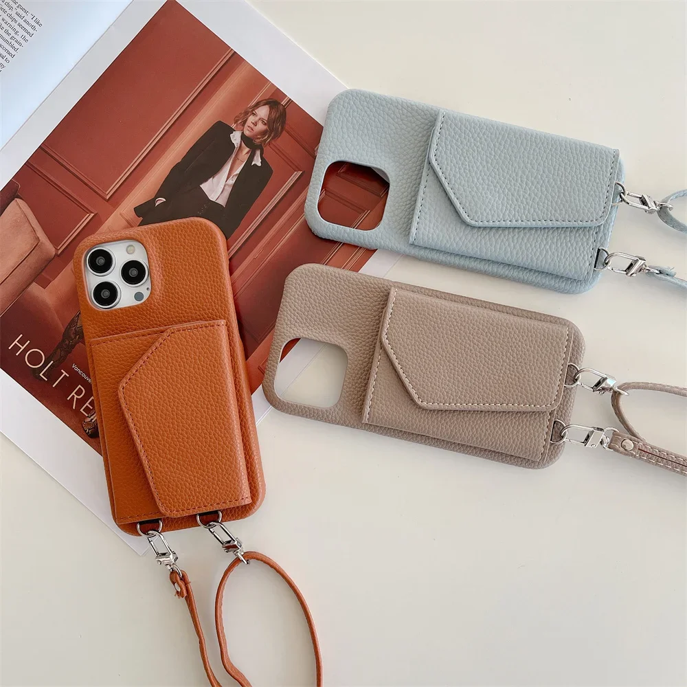 Leather Crossbody Lanyard Wallet Phone Case for IPhone 15 14 13 12 11 Pro Max Mini X XR XS Max 8 7 Plus SE 2 3 Card Holder Cover