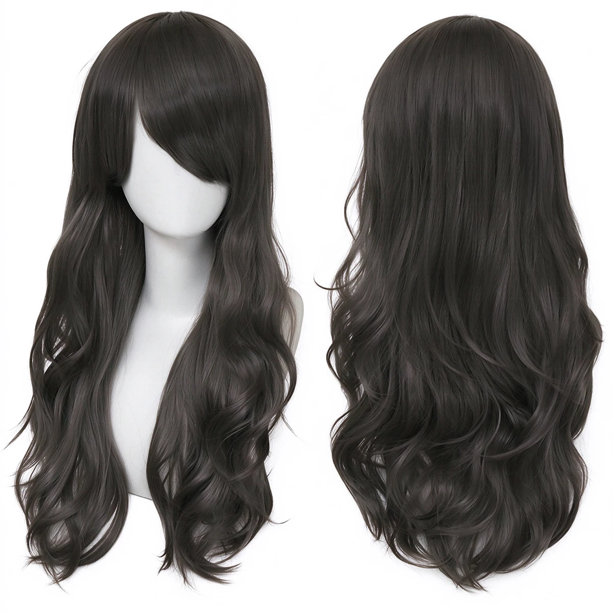 Synthetic Hair Long Wavy Cosplay Wig with Side Bangs Dark Brown Heat Resistant Hair Wigs for Women Anime Halloween Costume Party