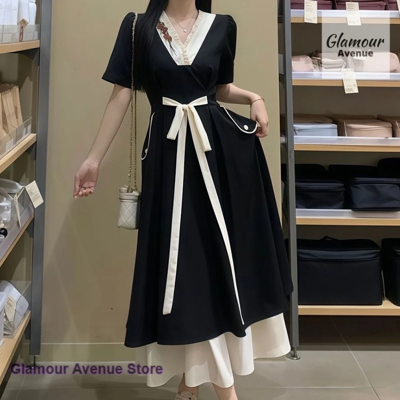 

French simple lace-up cover meat Joker V-neck waist short-sleeved skirt women's spring and autumn college style A-word dress