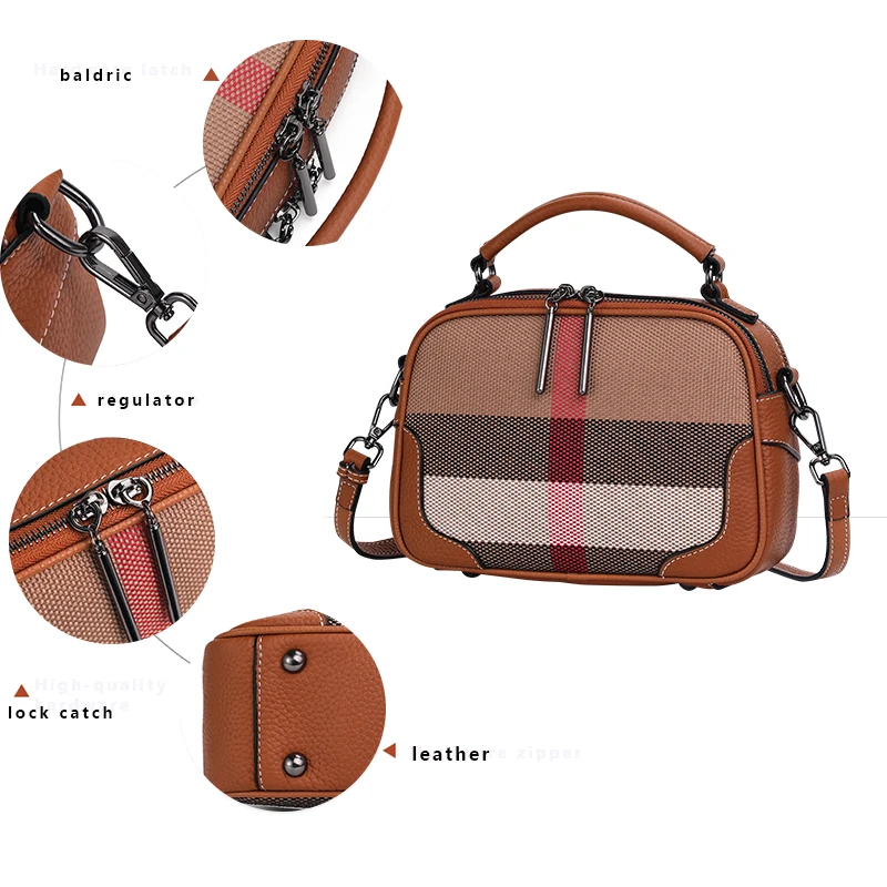 Fashion Ladies Crossbody Bag Classic Plaid Canvas With Genuine Leather Luxury Shoulder Bag Women\'s Casual Messenger Bag