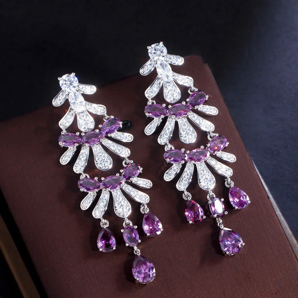 ThreeGraces Elegant Purple Cubic Zirconia Bridal Wedding Long Dangle Drop Earrings for Women New Fashion Party Jewelry E1274