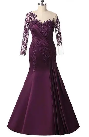 2021 Stunning Latest Purple Mermaid Lace Mother of the Bride Dresse Long Sleeve Wedding Guest Gowns Jewel Neck Beaded Sheer Back