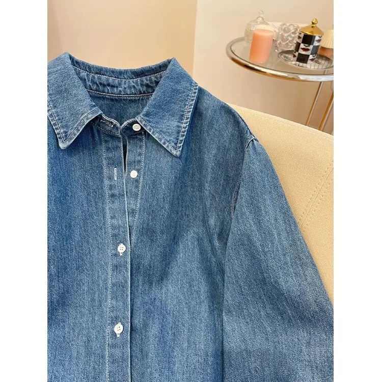 

Retro Blue Denim Lace Splicing Loose Casual Women's irt Early Spring New Sle Collar Long Sve Pure Color Button Cl...