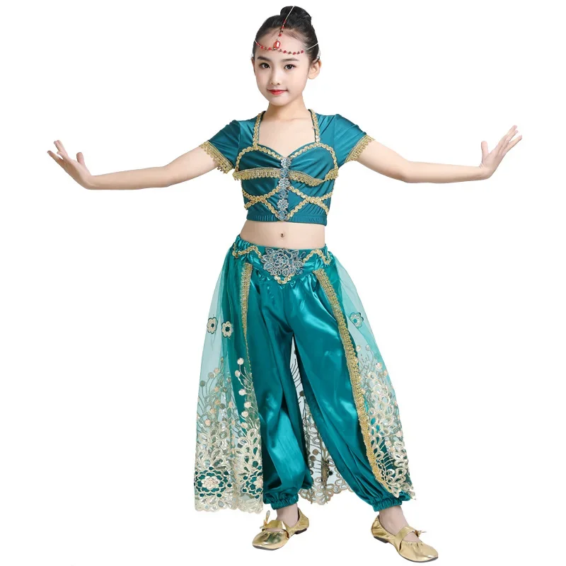 Sari Dancewear Kids Indian Outfits Bollywood Clothing Children Belly Dance Costume Set 3pcs (Top Pants Headdress)