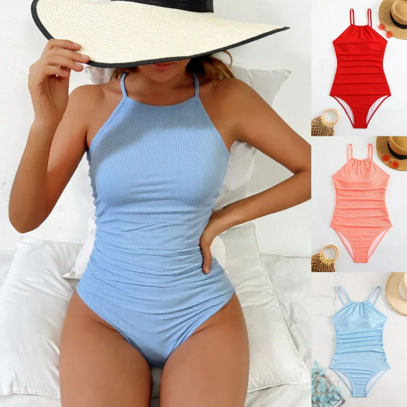 2026Elegant one-piece sexy solid color high-waisted swimsuit for women, popular model that conceals belly and is slimming, suita