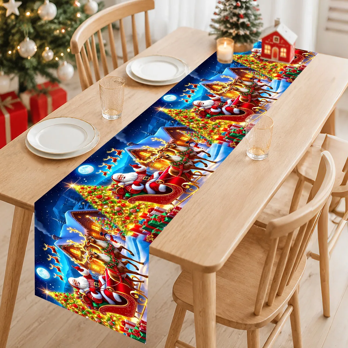 Christmas Table Runner Santa Claus Xmas Tree EIK Patterns Polyester Tablecloth Xmas Decorations for Home 2026 New Year Gift 2027
