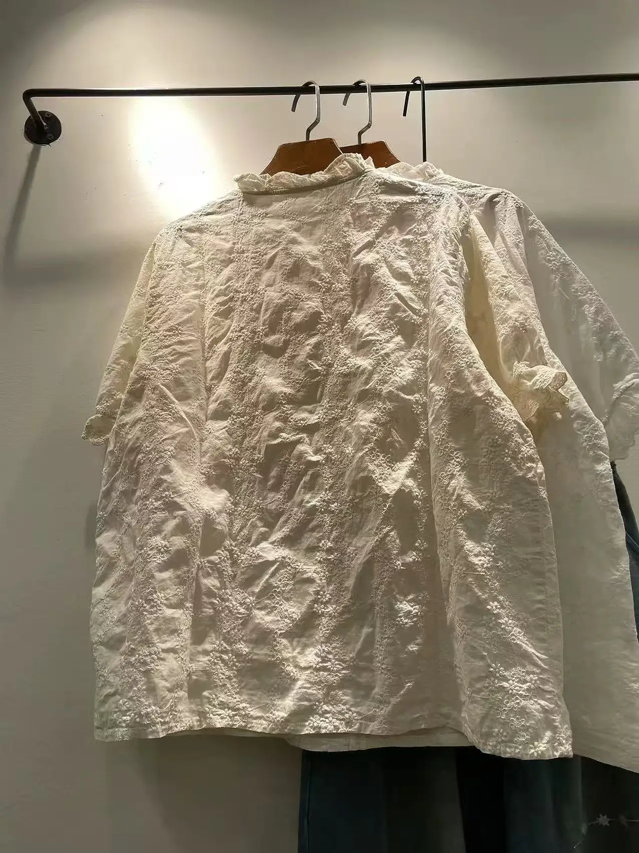 Bust 114cm Mori kei fashion cotton sweet lace embroidery shirts 3d rose flower short sleeve blouses lolita cute clothes