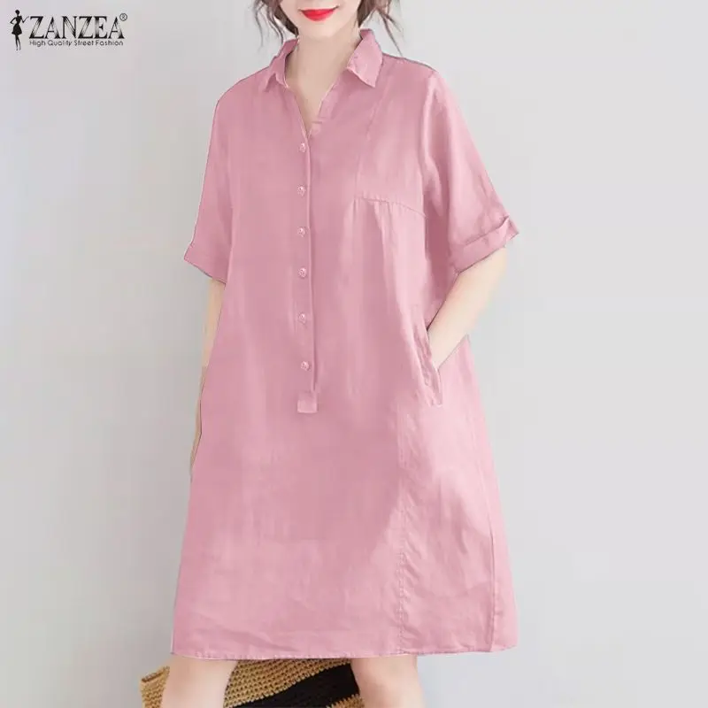 2026 ZANZEA Damen Sommerkleid Lässiges Hemdkragen-Kurzarmkleid Vintage Einfarbiges Midi-Kleid mit Knöpfen Vestidos