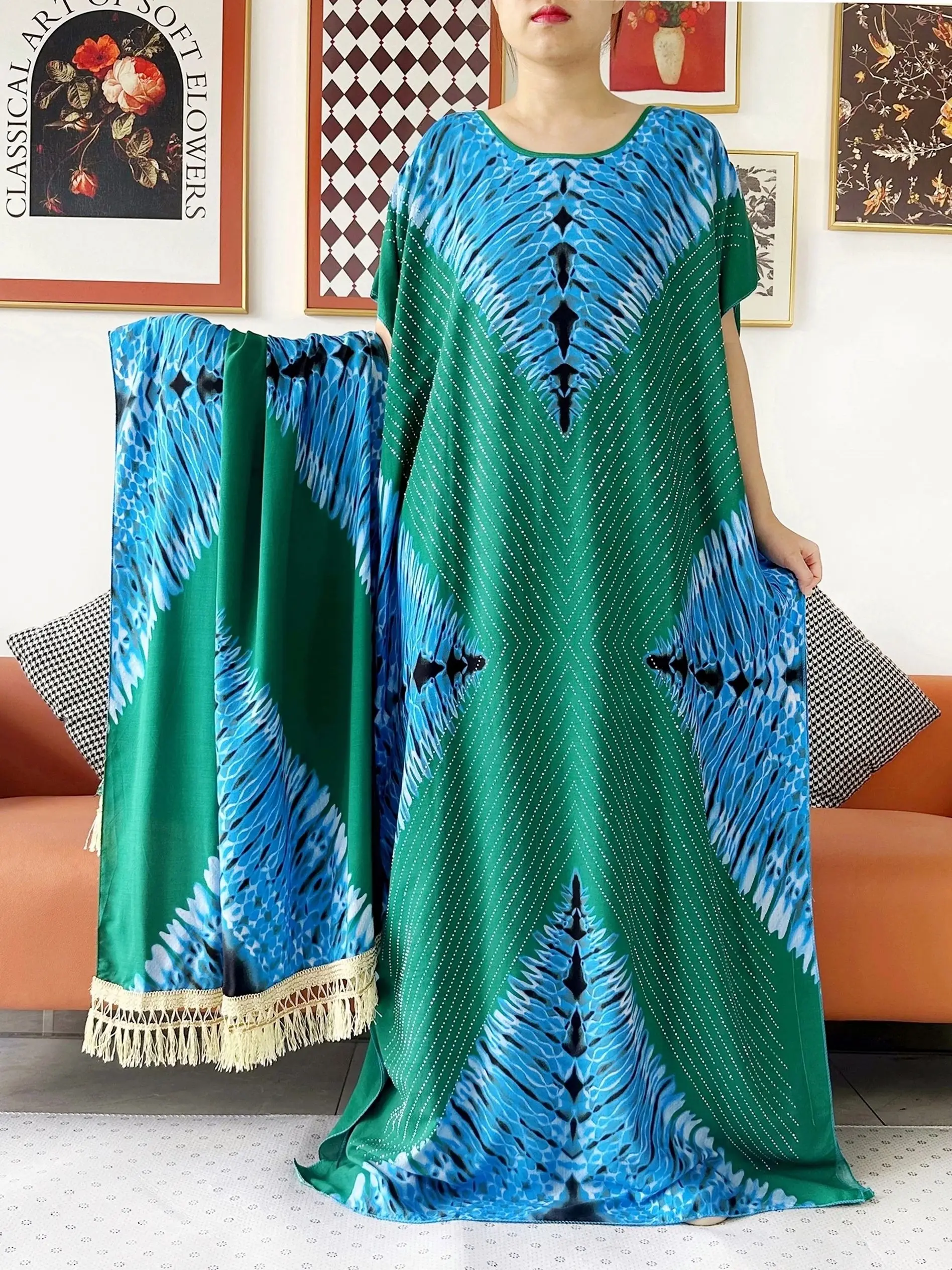 2024 African Summer Short Sleeve Dashiki Dress with Big Scarf Loose Boubou Maxi Islam Women Casual Dress African Abaya Clothes