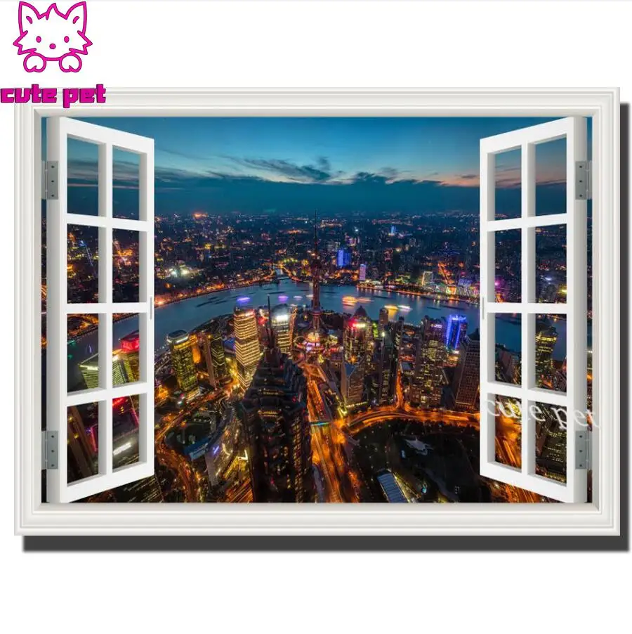 Full Square round Drill 5D DIY Diamond Embroidery window City Scenery Diamond Painting Cross Stitch Rhinestone Mosaic Home Decor