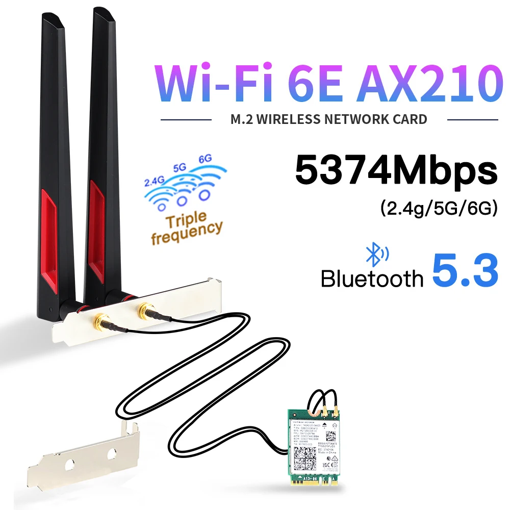 

WiFi 6E AX210 M.2 NGFF Wireless Card 5374Mbps AX210NGW Bluetooth 5.3 10DBi 802.11ax Tri-Band 2.4G/5Ghz/6Ghz For PC