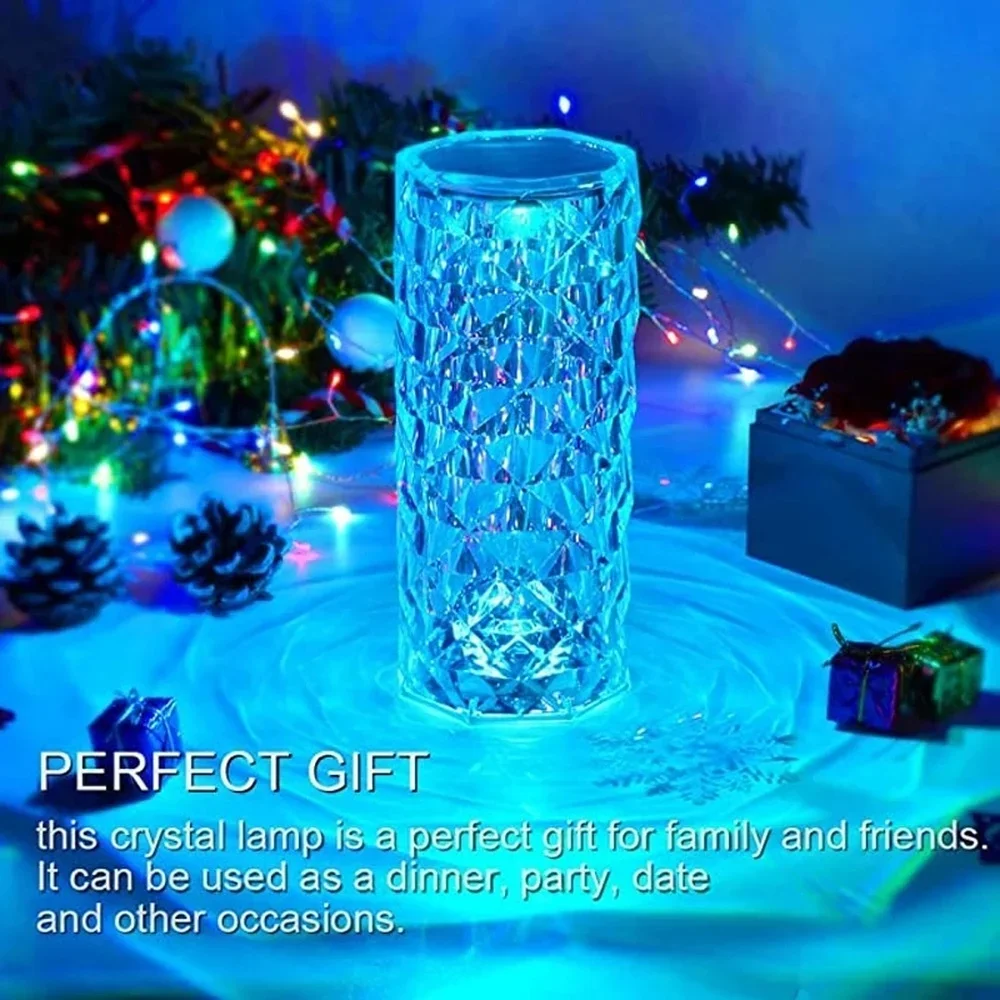 Lámpara LED de mesa de cristal, proyector de luz rosa de 3/16 colores, táctil, ajustable, luz de ambiente de diamante romántico, luz nocturna táctil USB