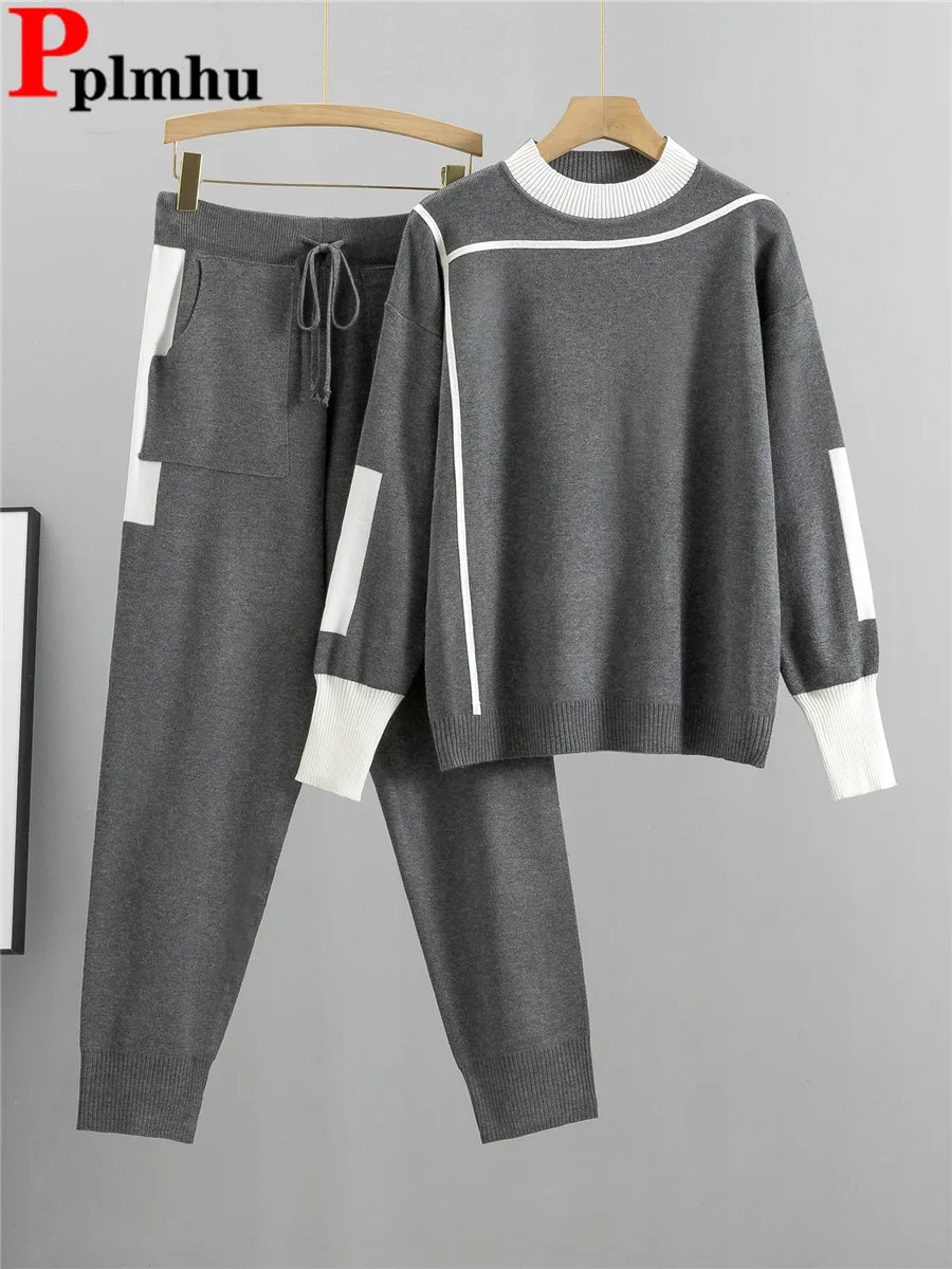 Spring Fall Knitted 2 Pieces Sets Women Long Sleeve Knit Pullover Tops Conjuntos Korean Casual High Waist Jogger Pants Outfit