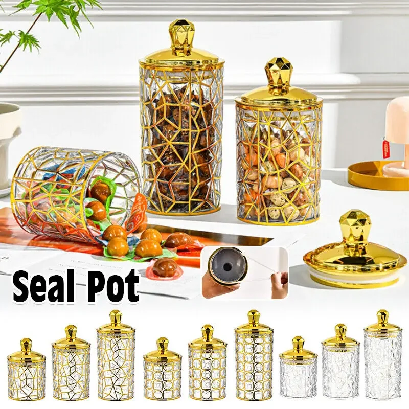 

1PC Multifunctional Storage Tank Light Retro Pattern Transparent Sealed Jar Luxury Golden Lid Candy Coffee Bean Storing Jar