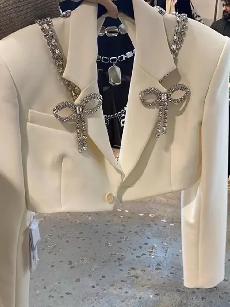 Fancy White Coat Spring Summer Blast Street Fashion Design Bow Nail Diamond Popular Small Suit This Year Female Blazers Jacket