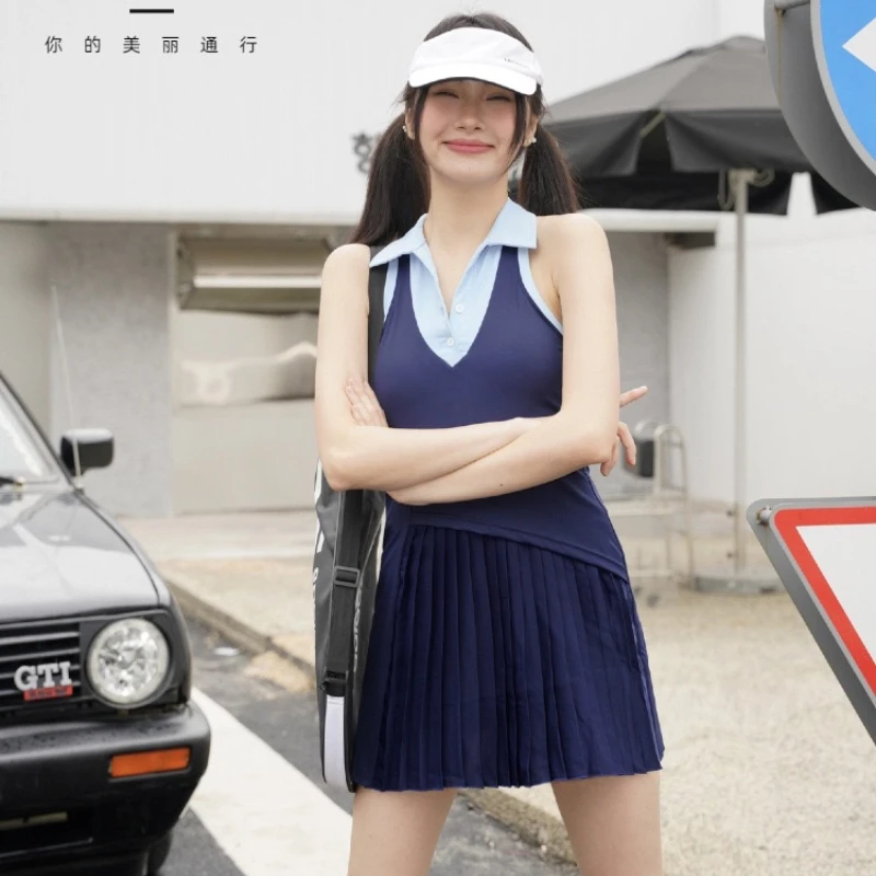 

Preppy Style Tennis Dress Pleated Athletic Golf Outfit with Shorts Pocket POLO Collar Racerback Workout Sportswear 2026 Summer