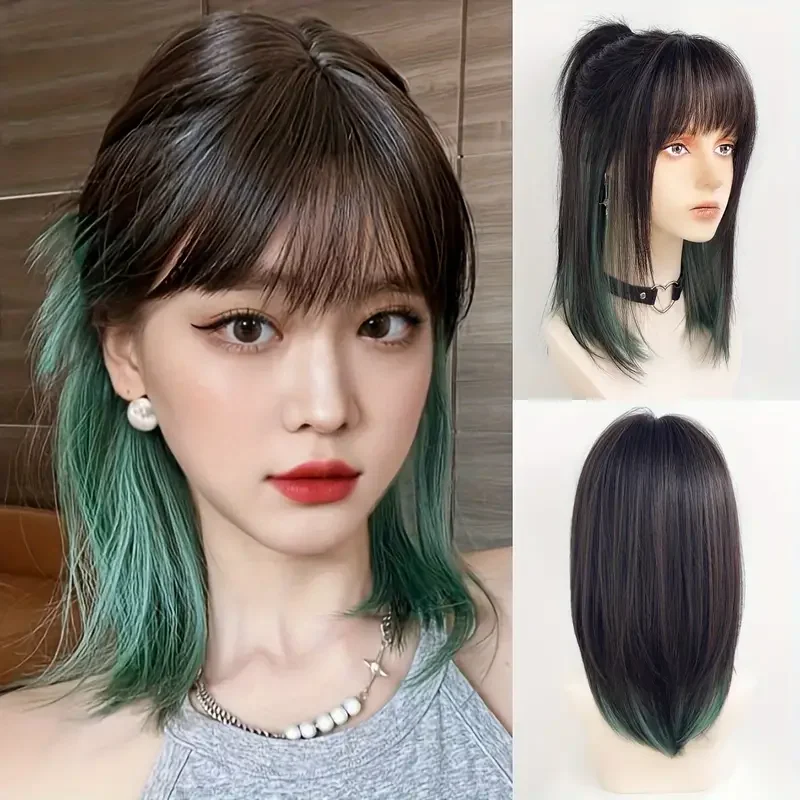 

Black Brown With Green Highlights Synthetic Wigs for Women Short Straight Bob Wigs With Bangs Lolita Cosplay Heat Resistant Wig