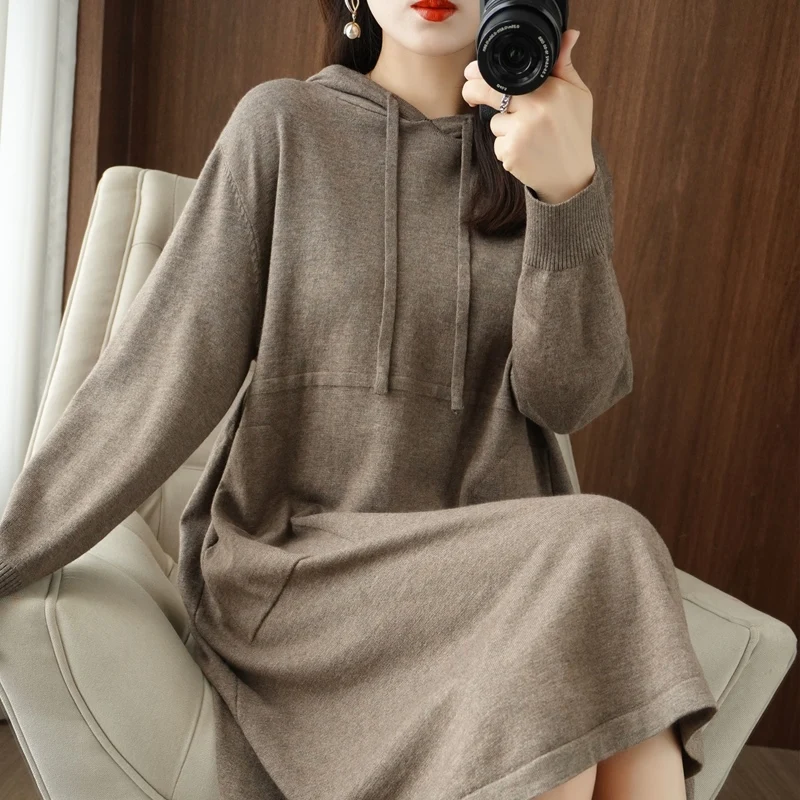

Loose Long Sleeve Knitted Woolen Dress Women's Korean Style Hoodie Sweater Dress Simple Commute Style Autumn Straight Tube Skirt