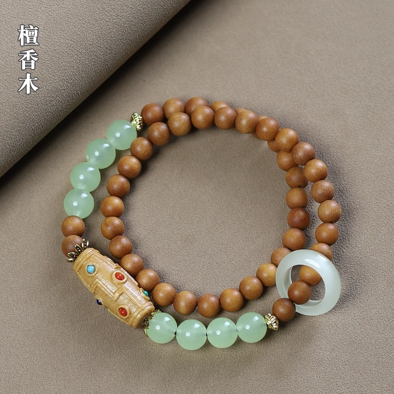 

Mencheese Sandalwood Double Circle National Style Couple Bracelet with Carved Lotus Seedpod Pendant Crafts Prayer Beads Jewelry