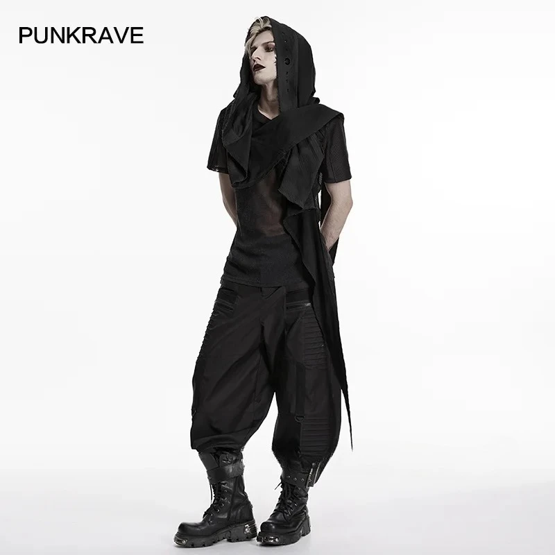 PUNK RAVE Unisex's Wasteland Knitted Cotton Texture Layers Hooded Vest Metal Eyelets Irregular Hemlines Tops Accessories