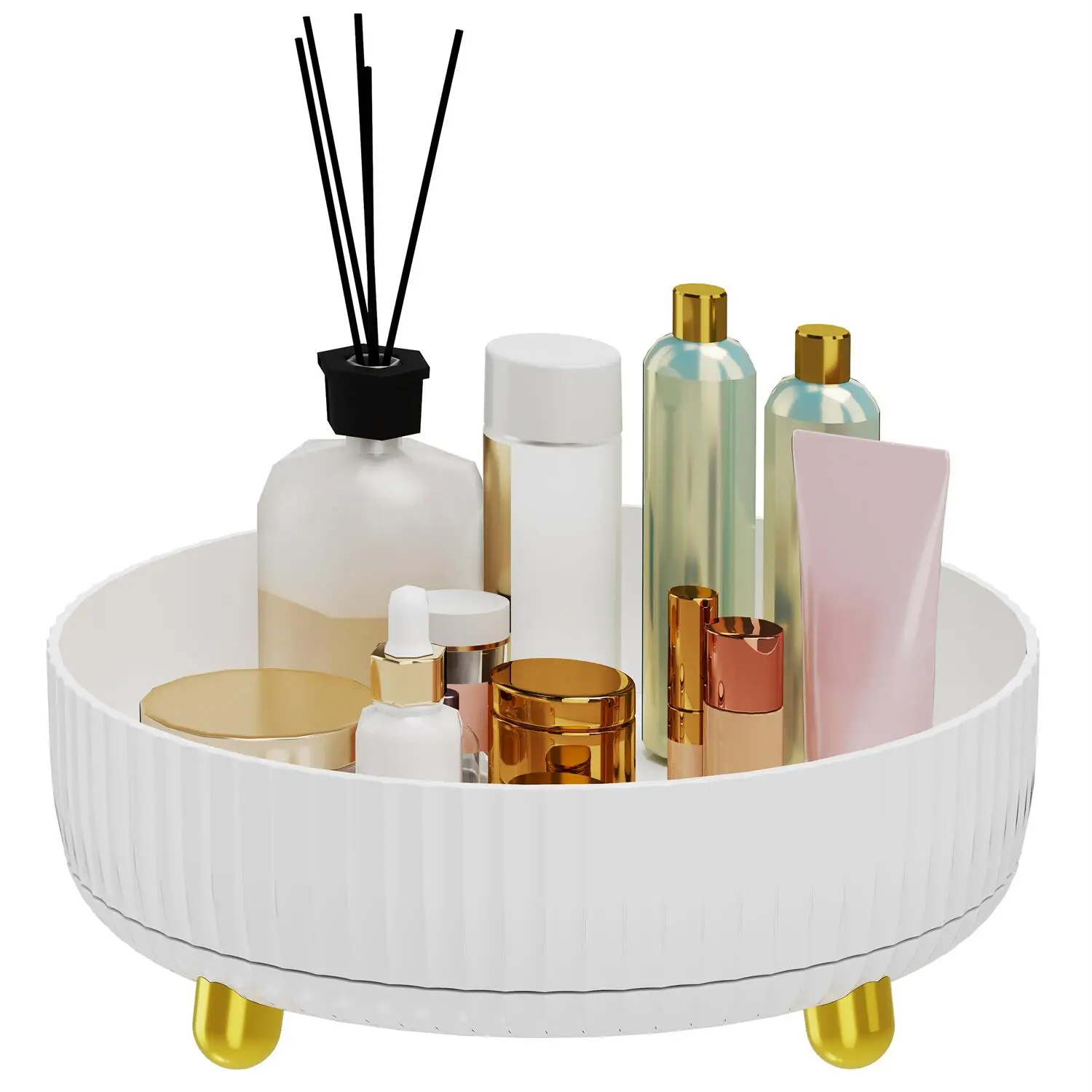 1pc Large Capacity 360-Degree Rotating Makeup & Perfume Organizer - Sleek Black Vanity Storage Tray with Golden Accents