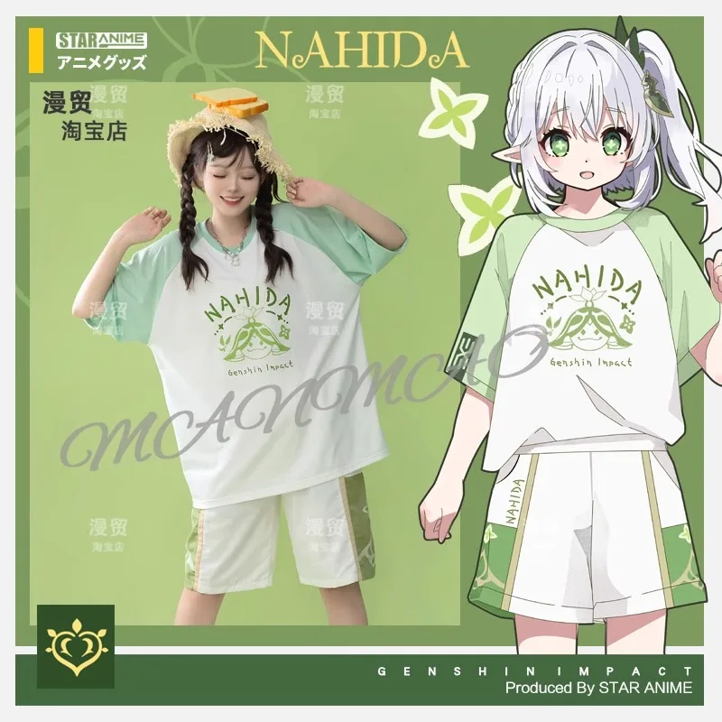 

Anime Game Genshin Impact Cosplay Nahida Women Girl Summer Loose Top Short Sleeved T-shirt Full Set Carnival Costumes