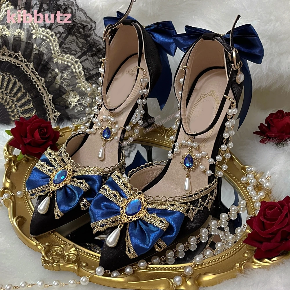 

Crystal Bows Pearl Pumps Velvet Pointed Toe Thin Heels Chain Rhinestone Solid Color Fashion Elegant Luxury Sexy Women Shoes New