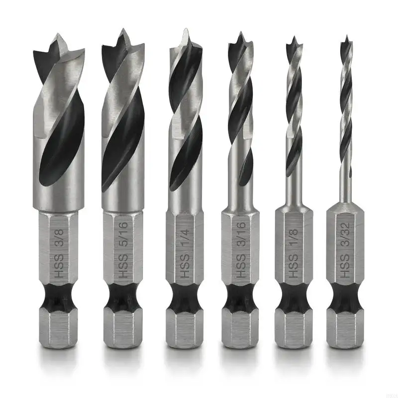 6 Pieces HSS Brad Point Drill Bit with 1/4-inch Shank 3/32 1/8 3/16 1/4 5/16 3/8 High Hardness