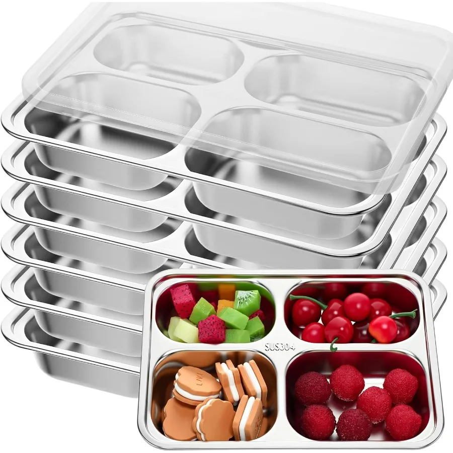 

6 Pack Stainless Steel Snack Containers with Lids 4 Compartments Stainless Steel Lunch Box Reusable Meal Prep Lunch Containers f