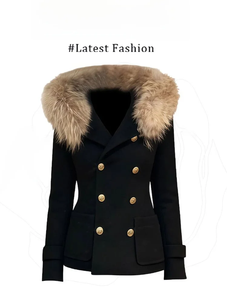 Elegant Black Double-Breasted Coat Women's Winter Fashion Slim Fit Collarless Jacket Thickened Ladies' Short Outerwear
