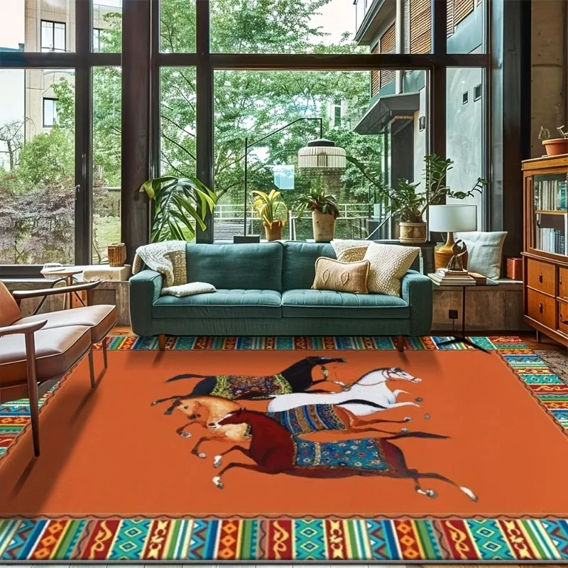 대형 논슬립 매트, 거실 침실 장식용, 화사한 오렌지색과 흑백 말 디자인, 사무실 바닥 홈데코