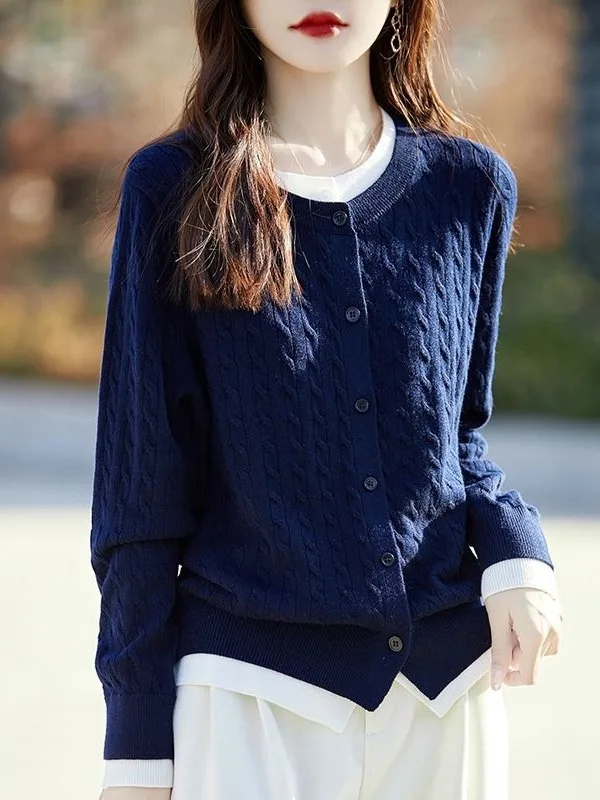 

Retro Twist Color Blo ort Knitted Cardigan Sweater Fake Two-Piece Sle Casual Fit Medium Softn Long Sve Women's Ou...