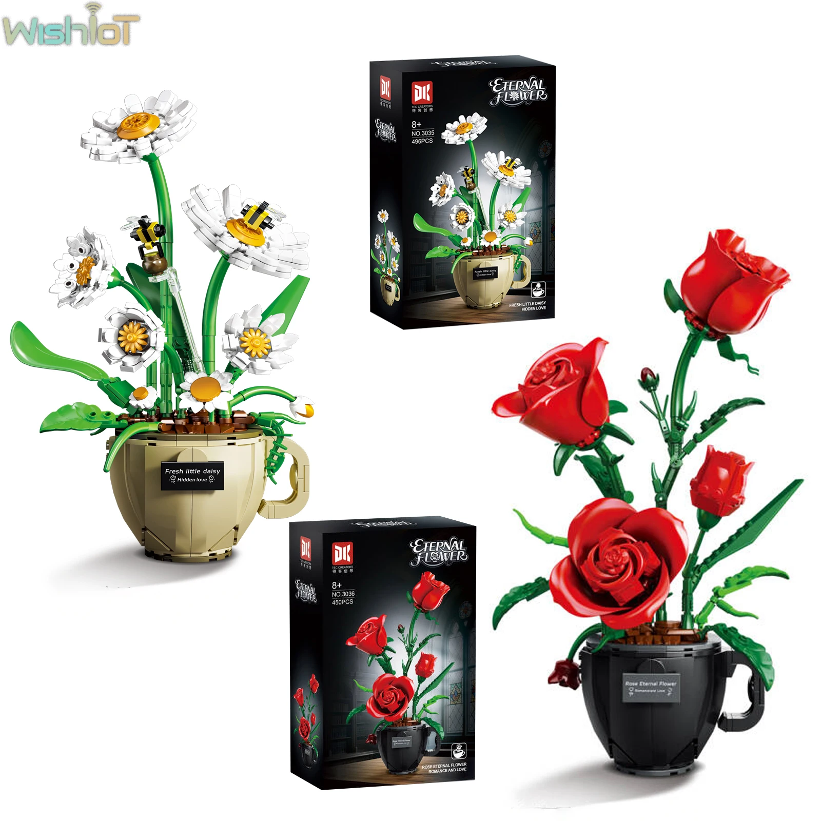 

MOC кофейная чашка, цветочные строительные блоки, горшечные растения, букет, роза, ромашка, вечные цветы, модель, домашний декор, игрушка-головоломка, романтический подарок