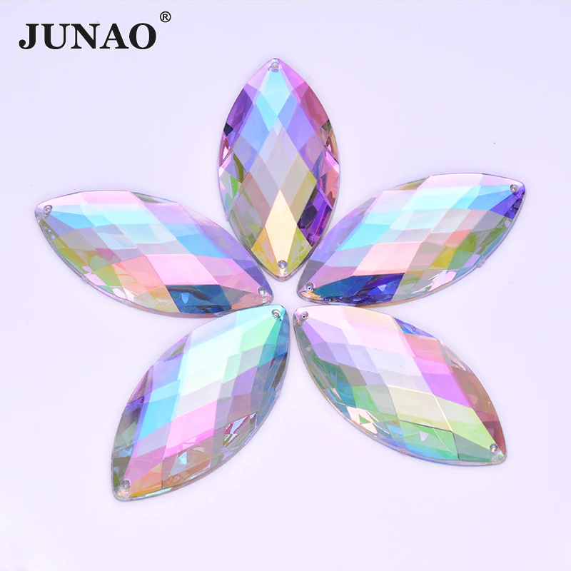 JUNAO Big Size 20Pcs 30*62mm Crystal AB Sew On Acrylic Stones Horse Eye Rhinestones Flat Back Stones For Clothes Decoration