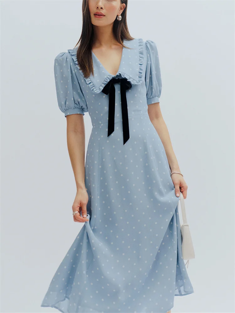 Pre-order Turn-down Collar Bow Dress for Women Polka Dot Print Short Sleeve Elegant Preppy Style Midi Dresses 2024 New