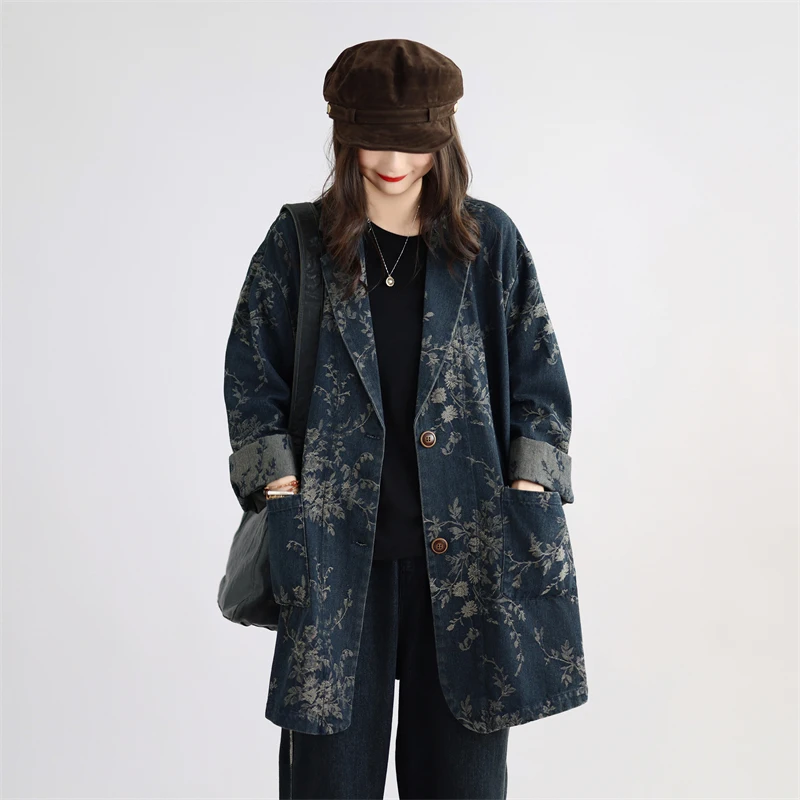 Casual Washed Denim Jacket Women's Loose Long Sleeve Spring Autumn Fashion Artistic Style Printed Casual Loose Fit Jeans Jacket