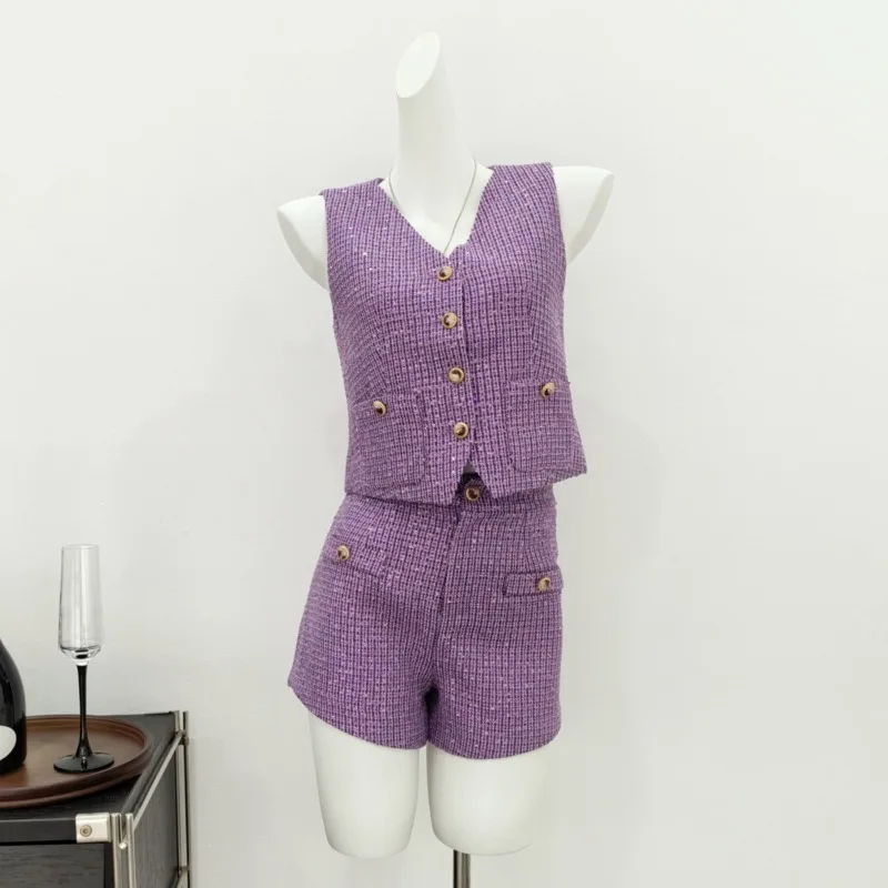 High Quality French Fashion Luxury Tweed 2 Piece Pant Sets For Women Vest Tops + Shorts Sets Korean Sweet Two Piece Pant Suits
