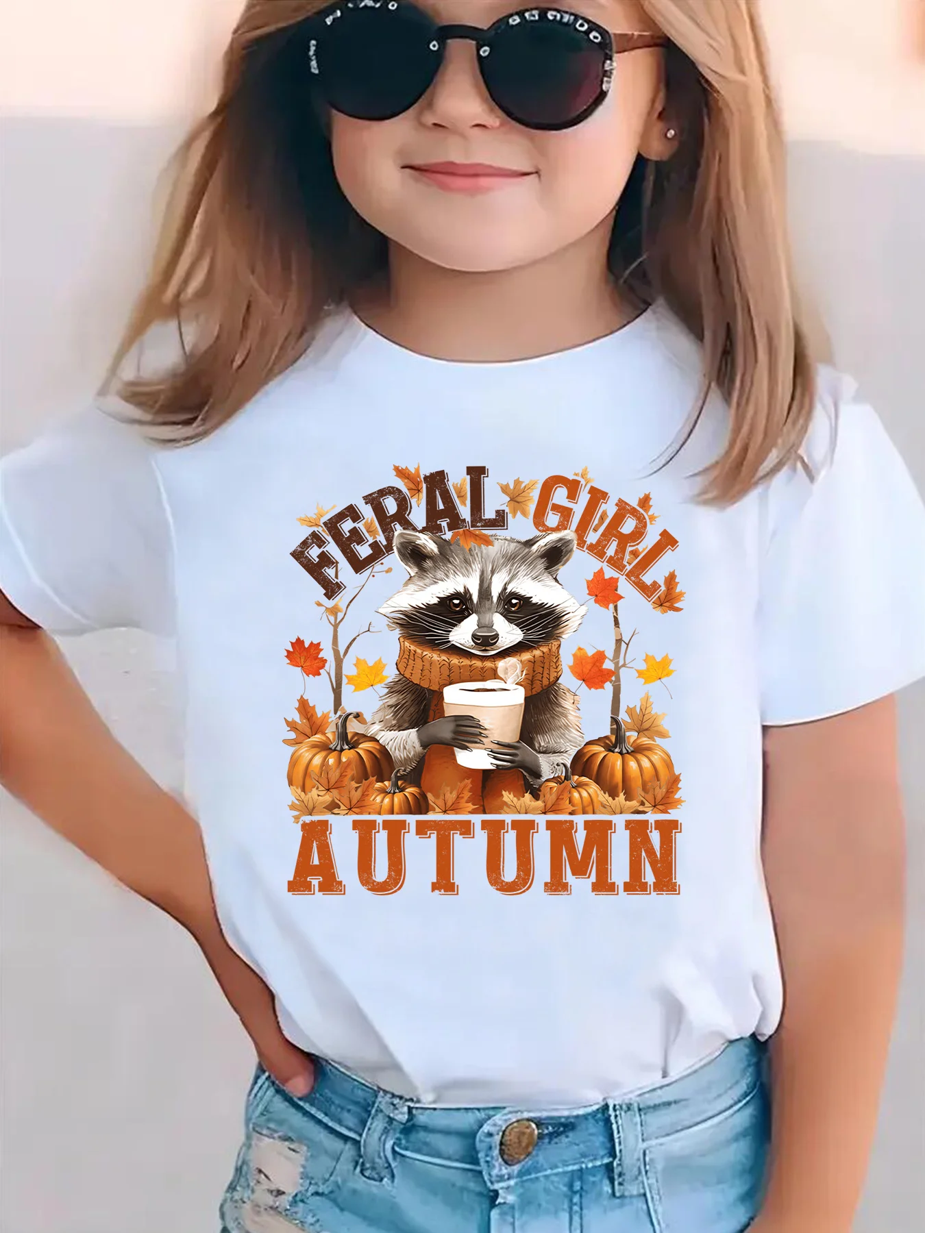 Feral Girl Autumn Raccoon Pumpkin Print Kids Short Sleeve Tees Soft Fall Tops For Boys Girls Little Children Daily Casual Wear