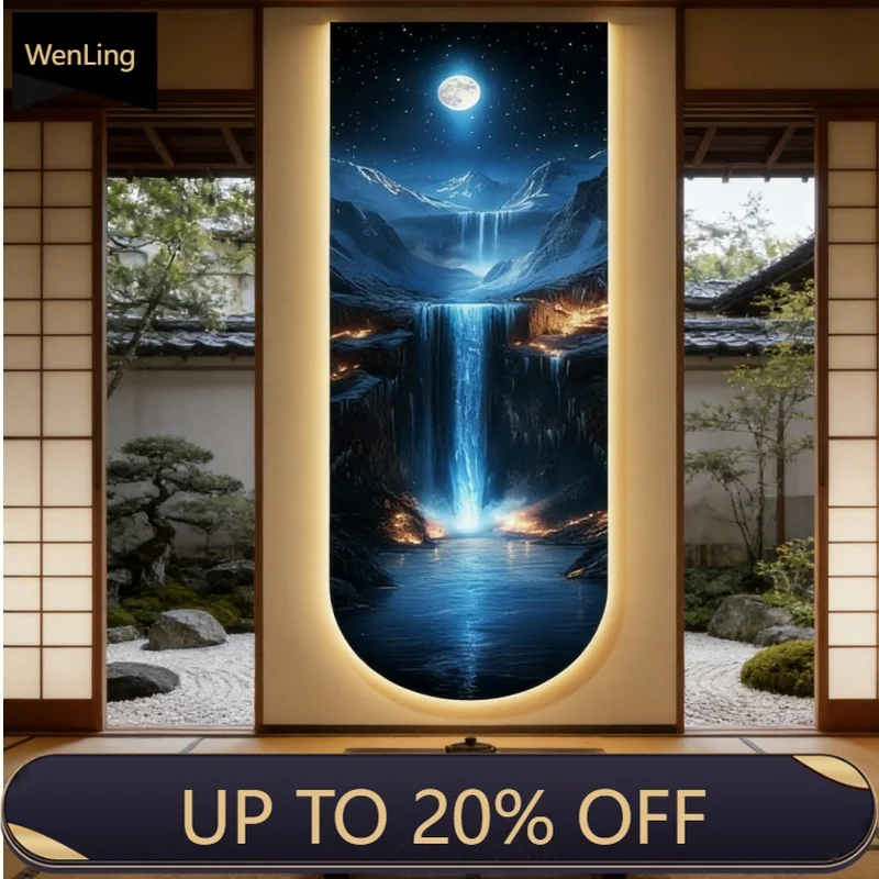 Water Flowing To Generate Wealth: Luxury Moon Corridor Slim Strip Wall Painting Waterfall Living Room Entrance Lighted Hanging