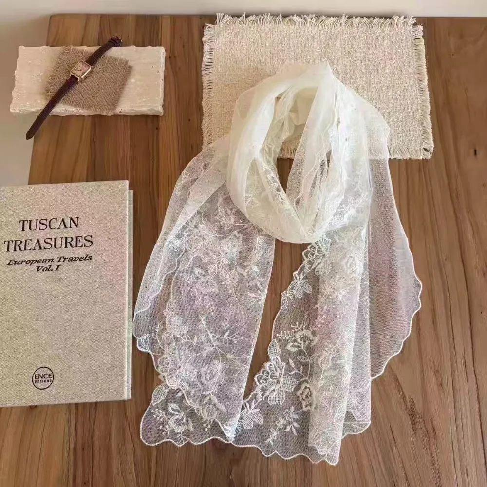 

Literary Retro Women's Lace Scarf Long Korean Version Sunscreen Shawl Pearl embellishment Embroidered Flower Female Headscarf