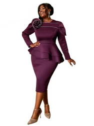 Purple Round Neck Silver Thread Embroidered Floral Long Sleeve Evening Dress Elegant for Special Occasions Perfect for Banquets
