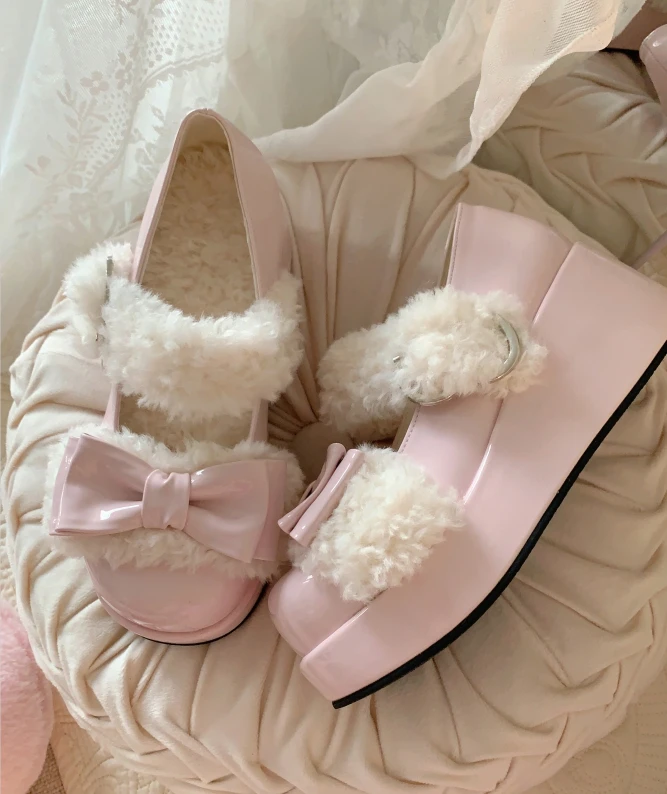 Winter Thick Plush Bow Sweet And Cute Lolita Shoes With Soles High Heel Style Fashion Solid Color Round Toe Warm Shoes Kawaii