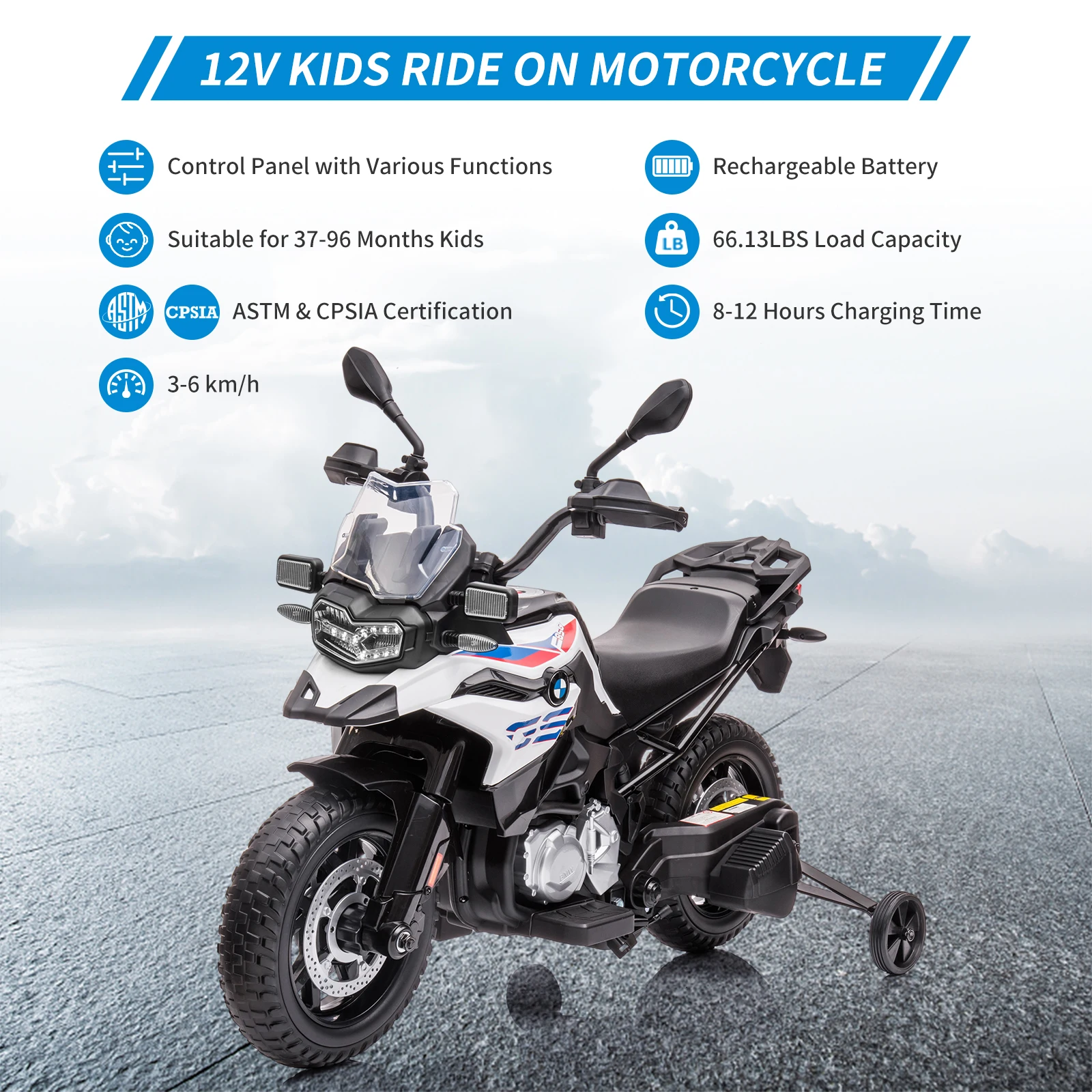 Moto BMW sous licence pour enfants 12V, avec vitesse Variable haute/basse, feux d'avertissement, roues d'entraînement pour tout-petits/enfants