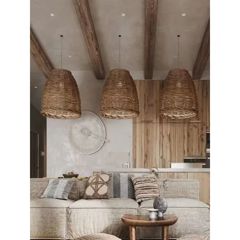 Retro Living Room Dining Room Tea Room Zen Lamp Bed & Breakfast Study Bedside Rattan-Weaved Ceiling Lamp