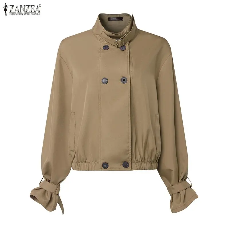 เสื้อโค้ทสั้นสไตล์สปริง ZANZEA ปี 2026 แจ็คเก็ตสำหรับใส่ทำงาน แจ็คเก็ตแขนยาวทรงเข้ารูปสำหรับผู้หญิง กระดุมสองแถว สีพื้น