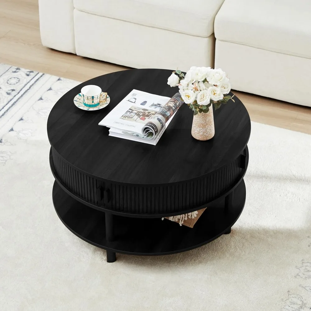Mid Century Modern Round Coffee Table with Storage and Tambour Sliding Door, 2 Tier Design, Solid Wood Legs and Fluted Detail