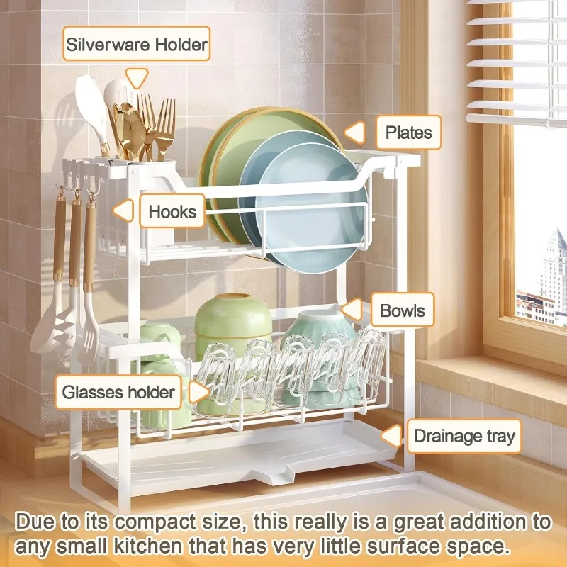 Dish Rack with Drain Board, Organization Plate and Bathroom Project Narrow Space, Two-layer Drying Rack Fits 12 Plates 12 Bow