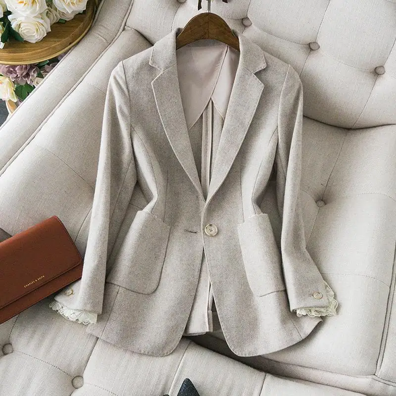 

Lace Spliced suit Jacket for Women Korean British New Autumn Slim Waist-tight One-button Suit