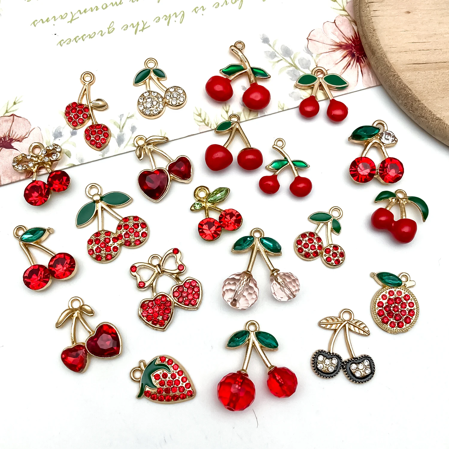 10/20//30pcs Sweet Cherry & Strawberry Alloy Pendants – Diamond-Accented Enamel Craft, Perfect for DIY Earrings, Bracelets, Neck view 6